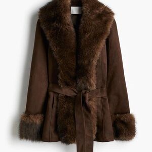 Brown Faux Fur Trimmed Women's Coat